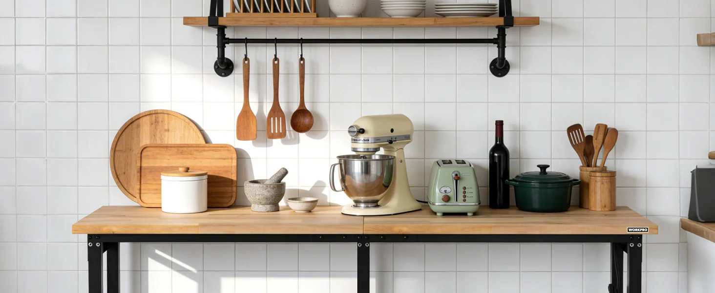Kitchen counter with wooden utensils, a stand mixer, and a toaster oven on a tiled wall, with innovation and quality