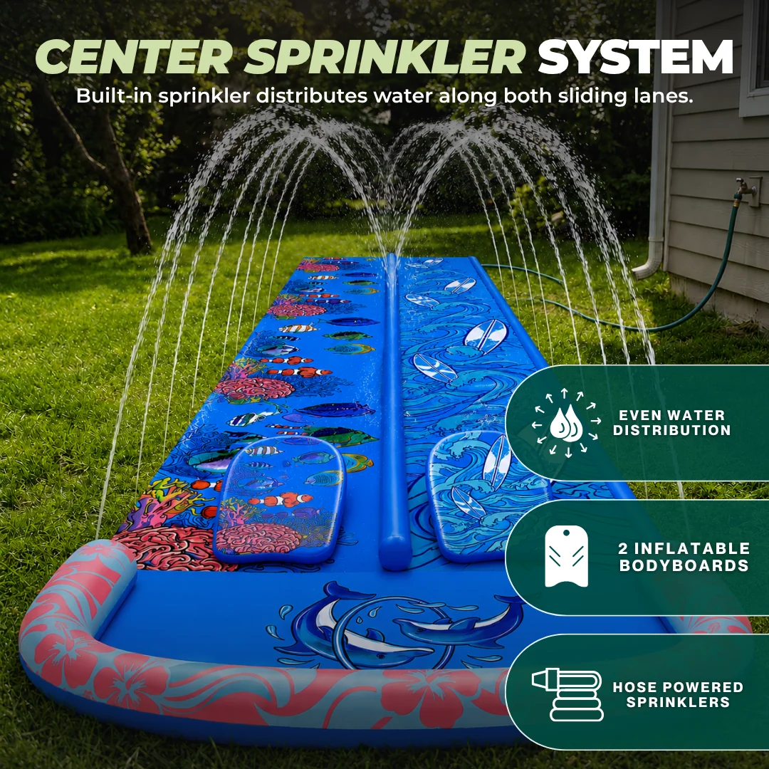 25 ft Double Lane Lawn Water Slide with Splash Pool and Bodyboards