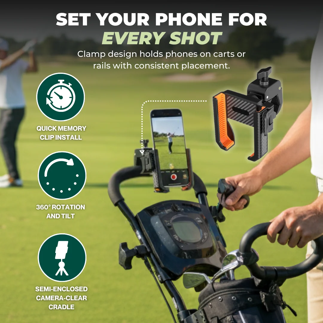 Golf Cart Phone Mount with Adjustable Clamp and 360° Rotation