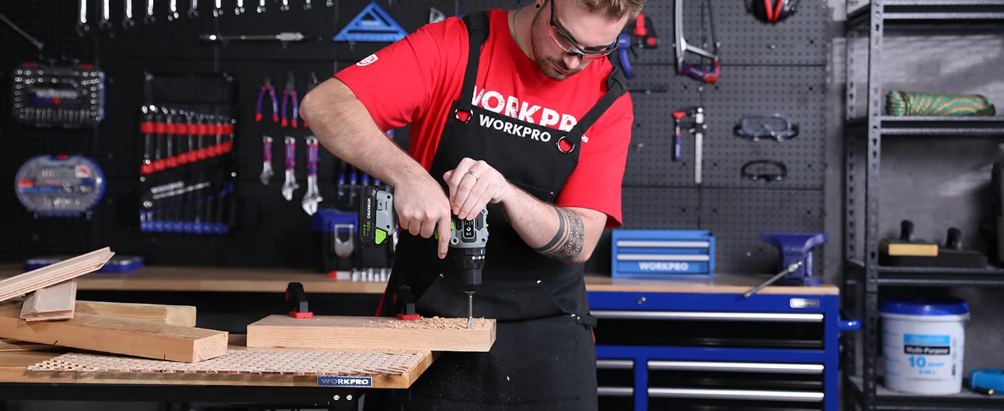 Technician assembling a wooden workpiece in a workshop, innovation and quality shown through careful tool use