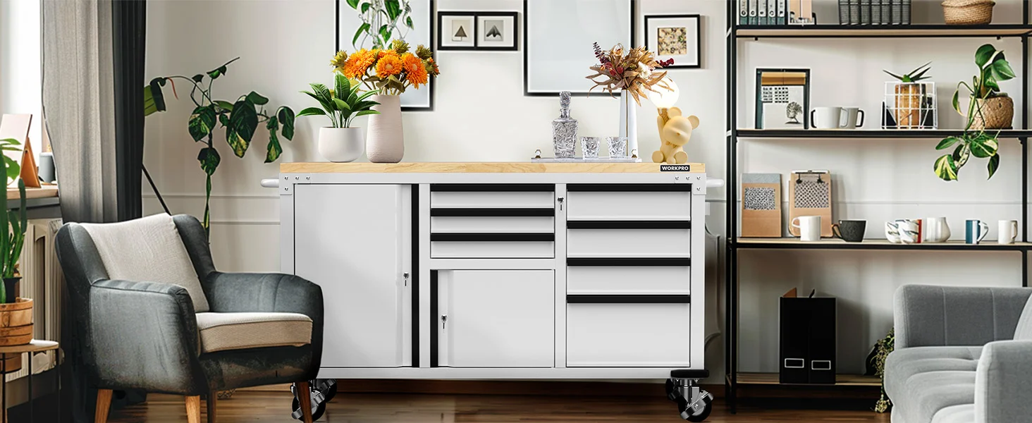 Modern tool cabinet with drawers and shelves in a bright living room, with innovation and quality details