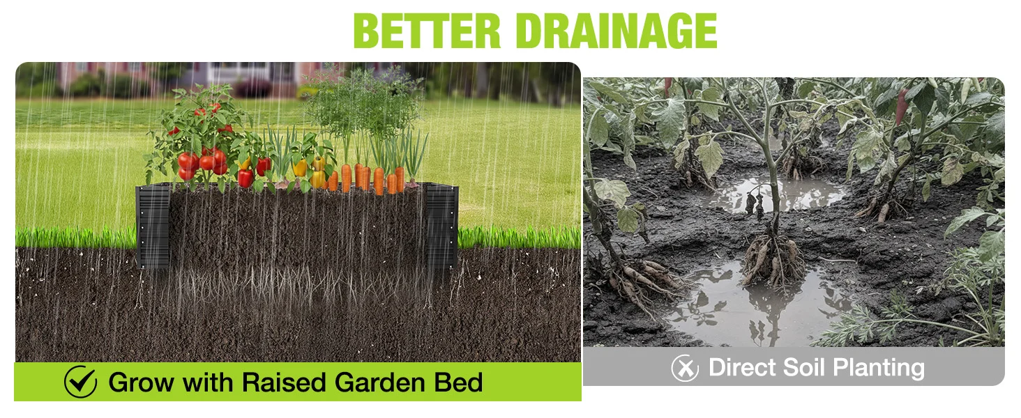 Raised garden bed with rainwater runoff shown beside a muddy planting area labeled Direct Soil Planting