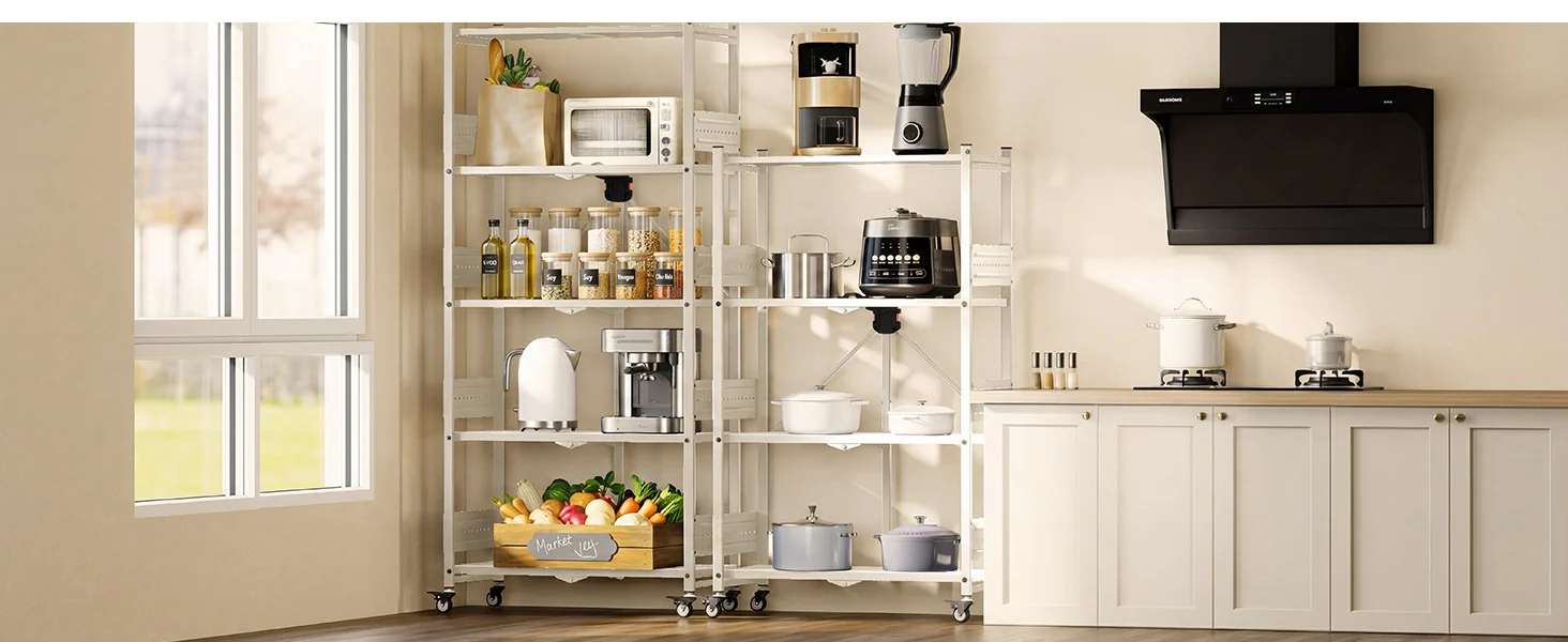 Kitchen appliance cart with shelves of jars, pots, and coffee makers, showing innovation and quality in a bright room