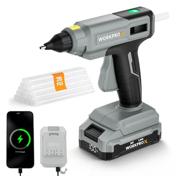 WORKPROX Cordless Hot Glue Gun, 90min Runtime, 20V Rechargeable Full-Size Glue Gun Kit with 20pcs Glue Sticks, 2Ah Battery, USB-C Charging Cord, Smart Power-Off for DIY Crafts, Repair, School Projects