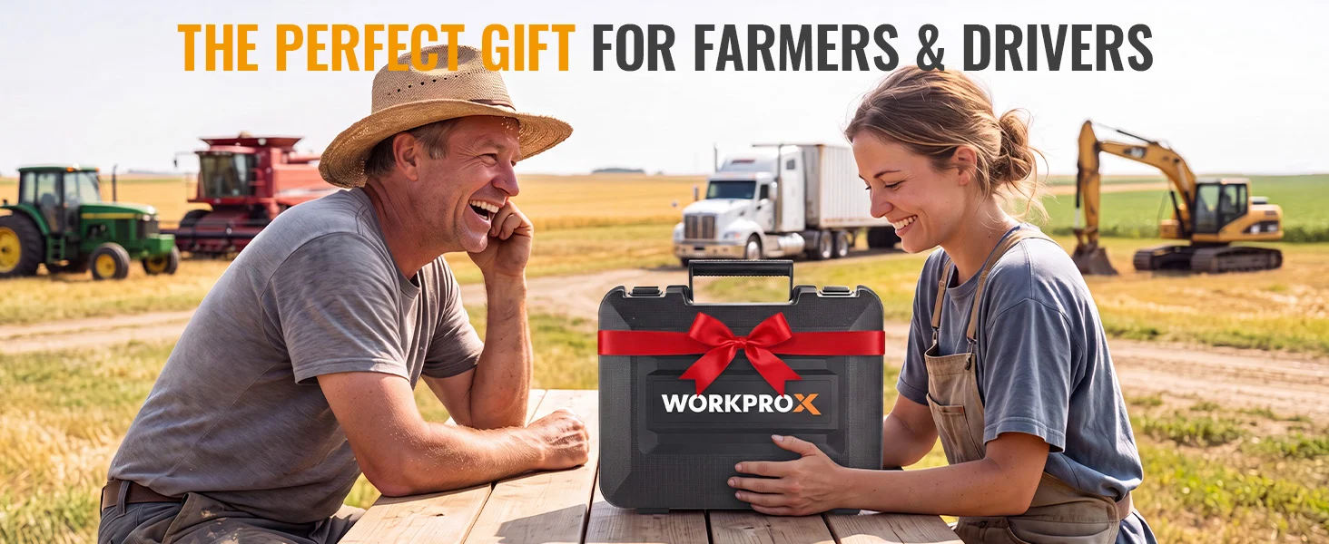 Farm workers smile beside a toolbox on a wooden table in a field, with innovation and quality shown visually