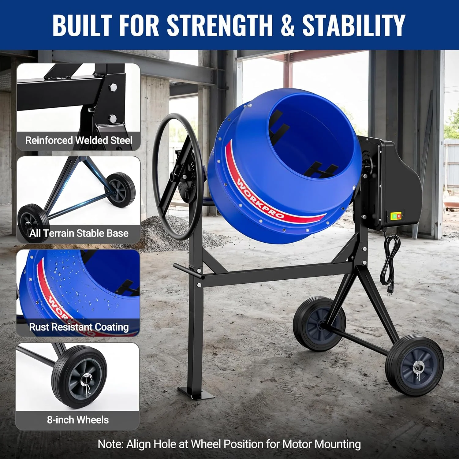 WORKPRO 4.6 Cu.Ft. Electric Cement Mixer, 600W 0.8HP Portable Concrete Mixer with Wheels & Stand Steel for Stucco, Mortar & Seeds - Image 6