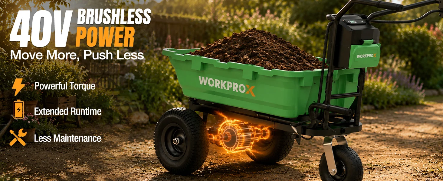 Green work cart with mulch on a garden path, with innovation and quality shown by glowing power icons