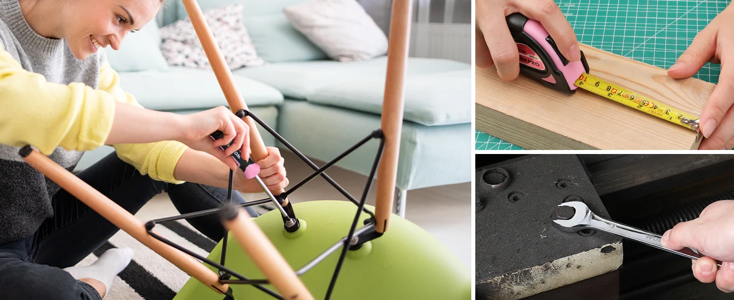 Person assembling a green chair with innovation and quality tools, measuring wood and tightening hardware securely