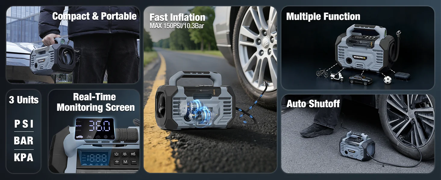 Portable air compressor with innovation and quality features, showing real time monitoring and auto shutoff on a road
