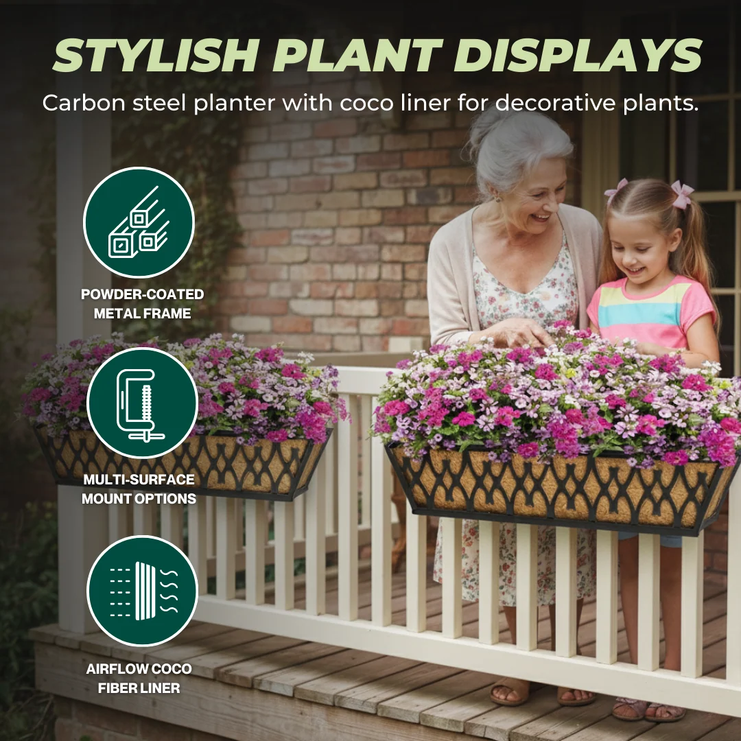 Metal Window Box Planter with Coco Liner for Balcony & Fence