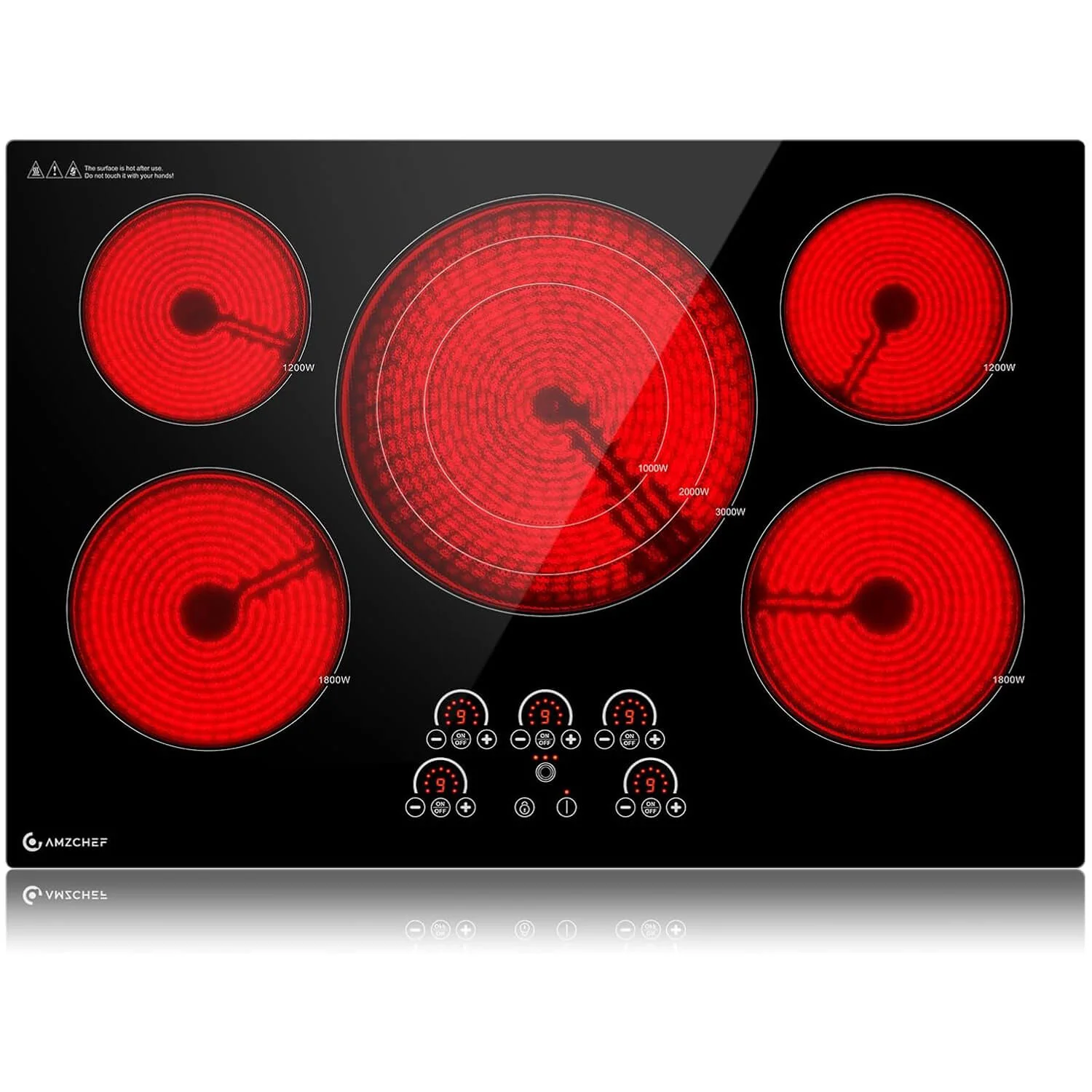 AMZCHEF Built-in Electric Cooktop 5 Burners 30 Inch Max 9000W Ceramic Glass 1