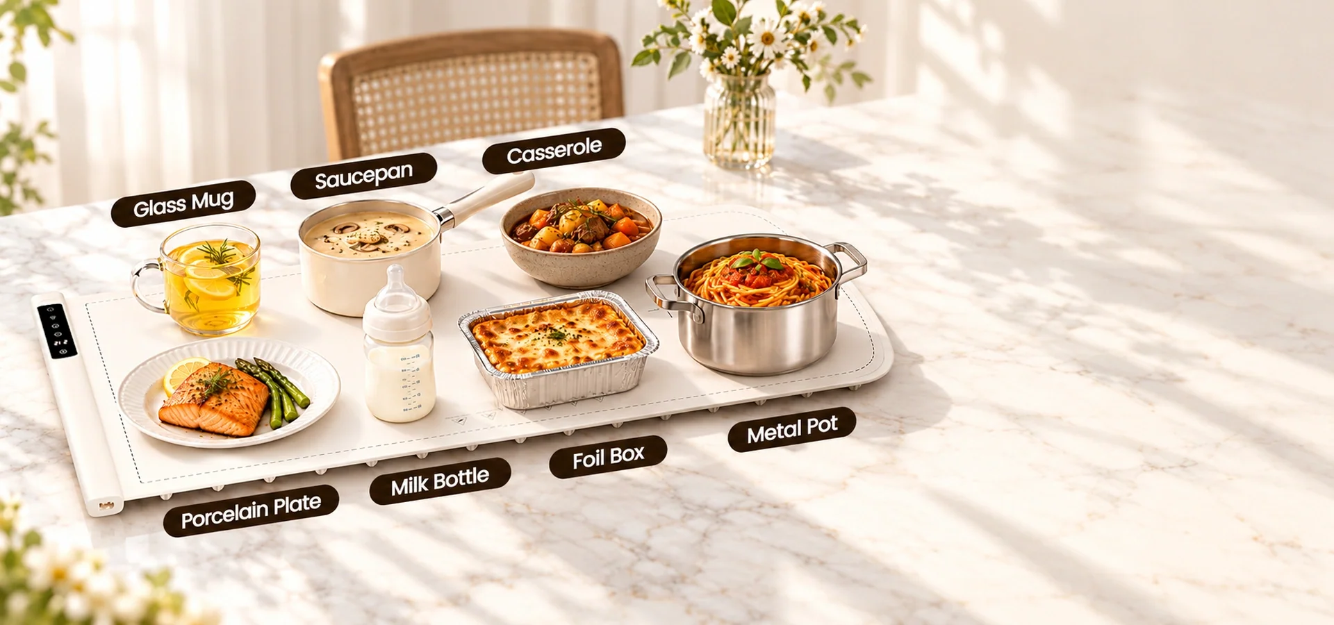 Kismile food warming mat with assorted cookware and serving dishes on a dining table
