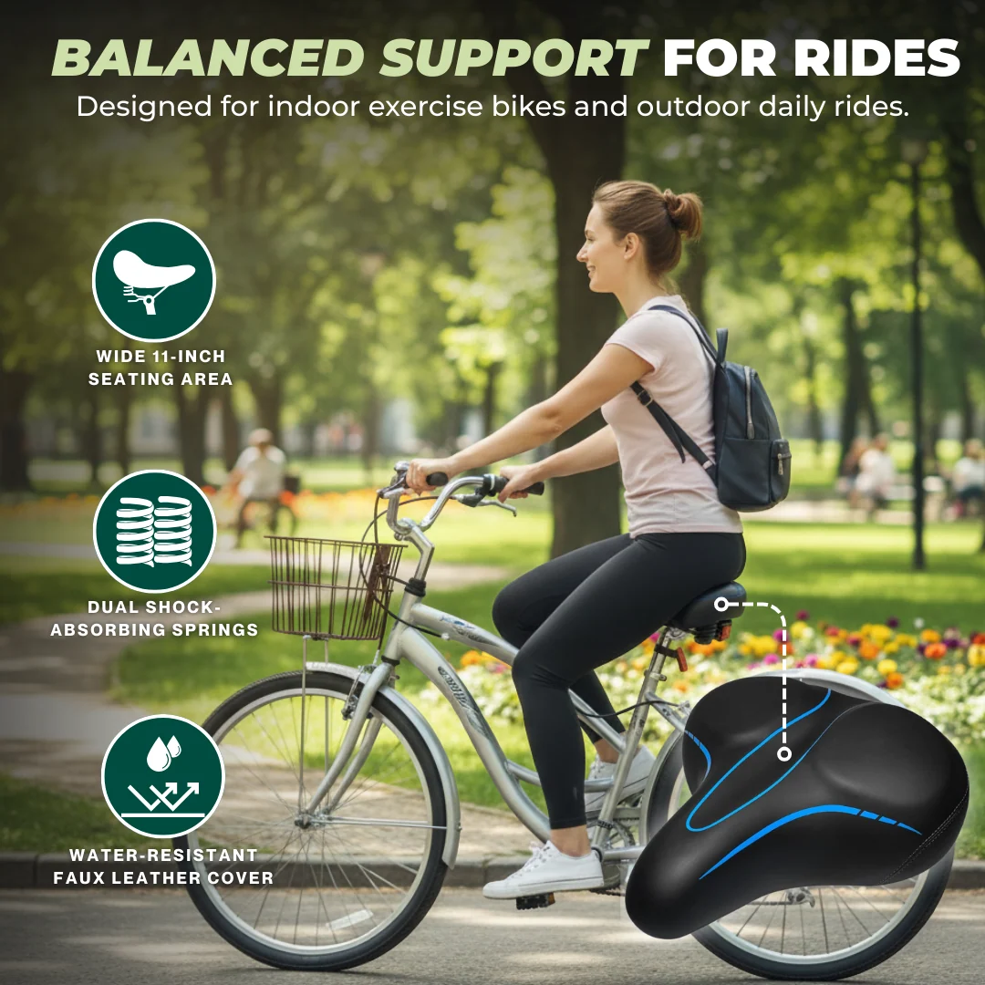 Oversized Water-Resistant Bike Seat with Reflective Strip, Wide Saddle