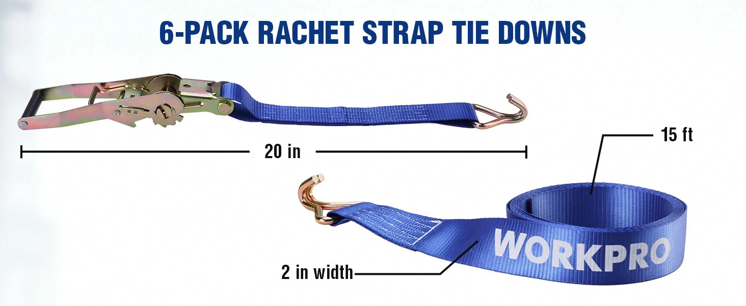 Racket strap tie downs with blue webbing and metal hooks, showing 20 in length and 2 in width