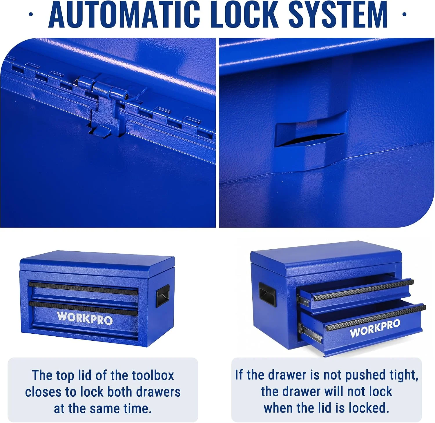 WORKPRO 15-Inch Metal Tool Box with 2 Drawers & Top Storage, Blue - Image 4