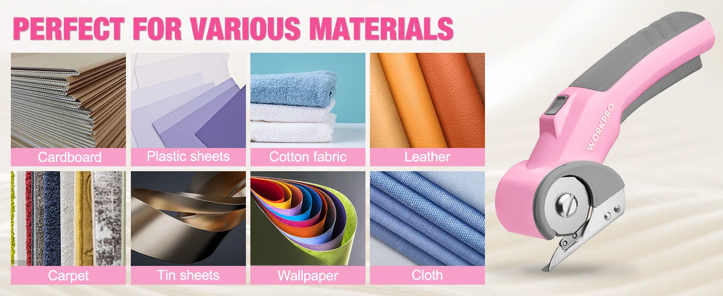 Staple gun beside materials board, plastic sheets, cotton fabric, leather, carpet, tin sheets, and cloth