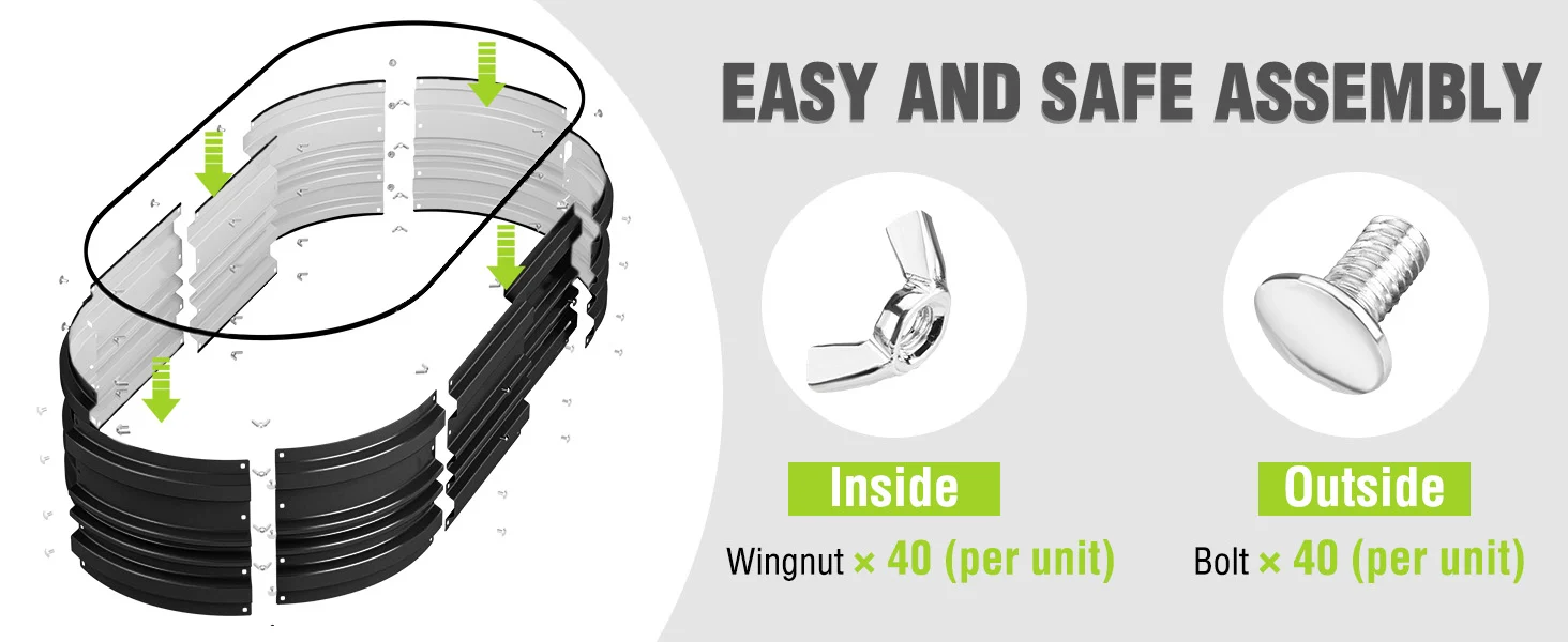 Durable metal ring with wingnut and bolt assembly diagram, showing easy and safe setup and secure fastening