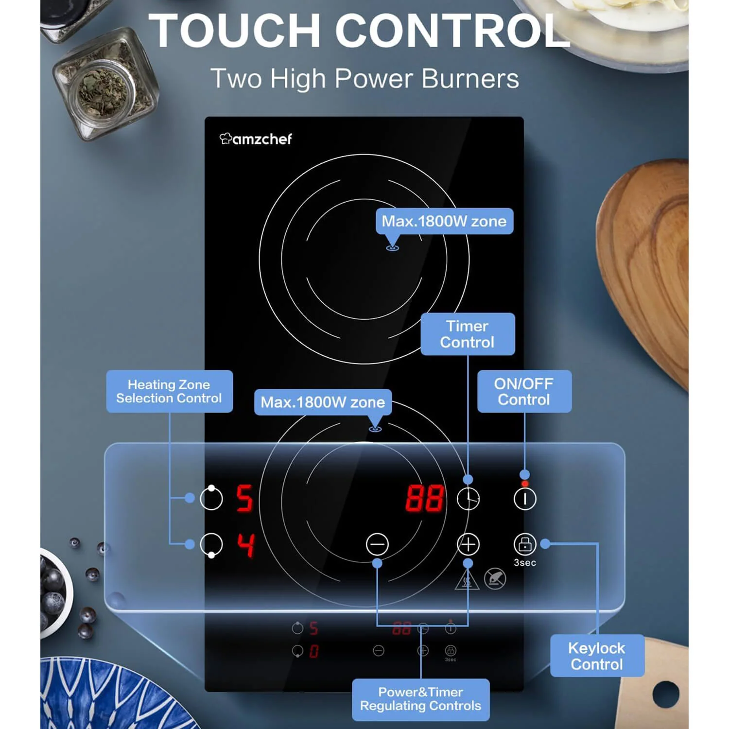 AMZCHEF 12 Inch Electric Stove Hob 2 Burners 1800W Induction Cooktop ID1800 3