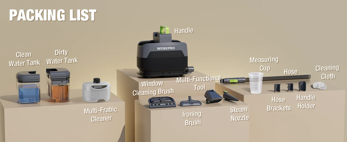 Multi functional steam cleaning tool with handle, hose, nozzle, and measuring cup on a packing list background