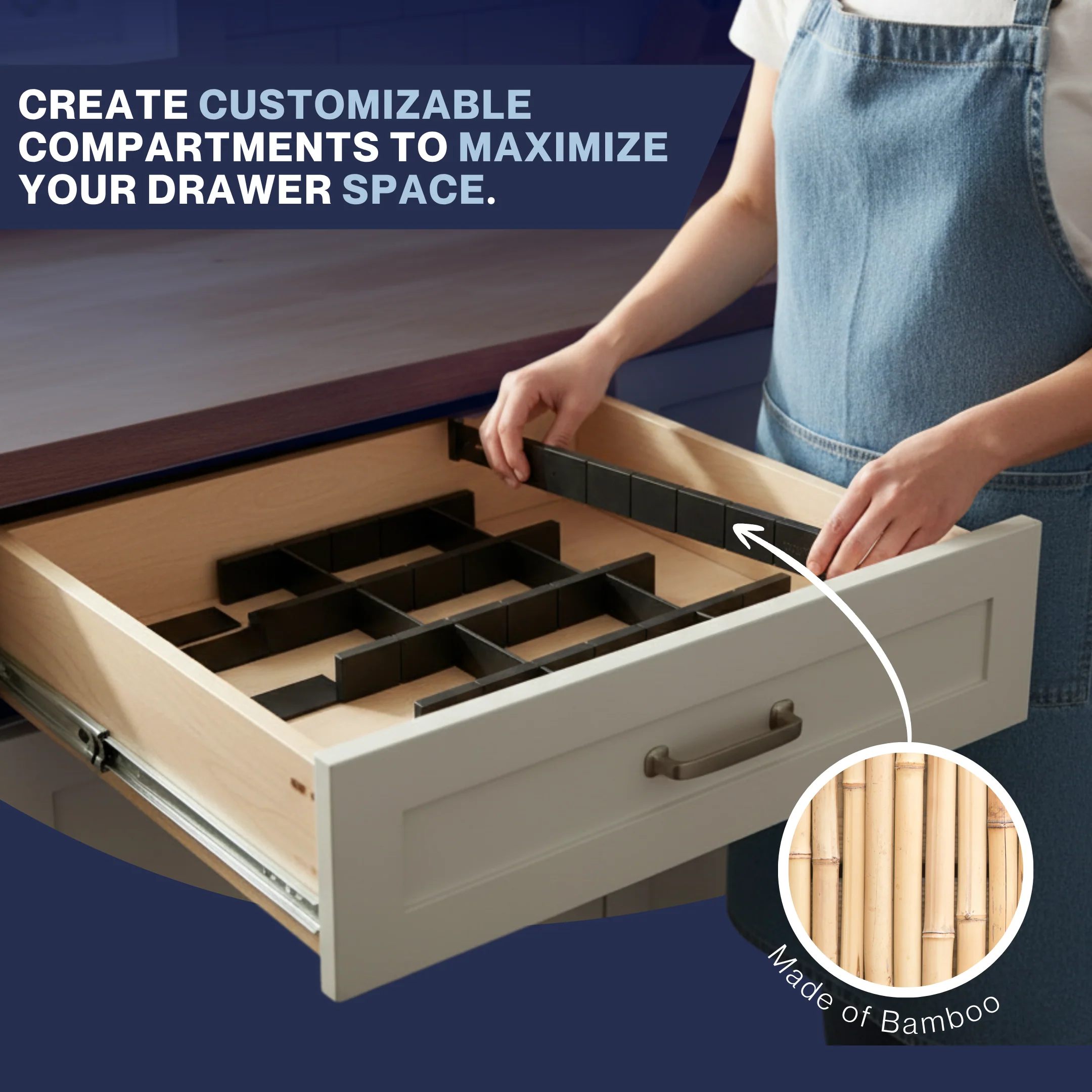 Bamboo Drawer Dividers with Inserts & Labels, Adjustable Organizers