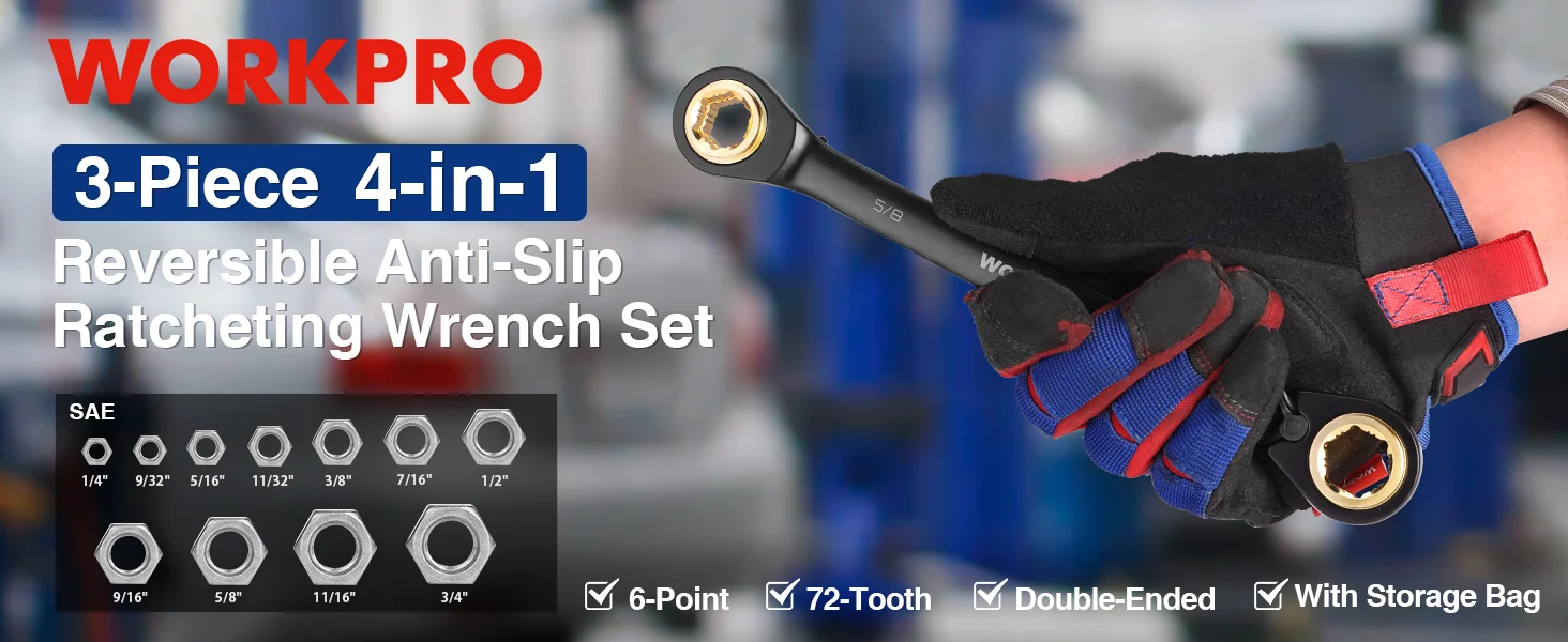 Hand in blue and black gloves holding a ratcheting wrench set with socket sizes shown on the left