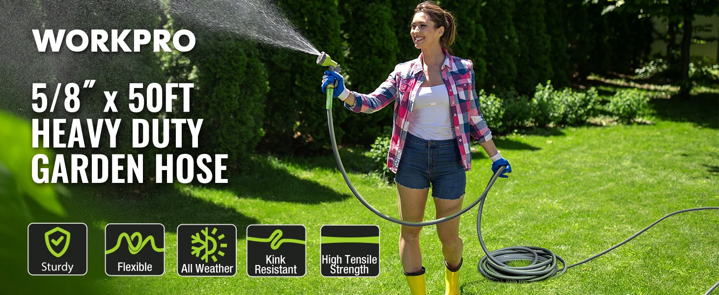 Woman watering a green lawn with a garden hose in a yard, with visible Workpro text and hose specs