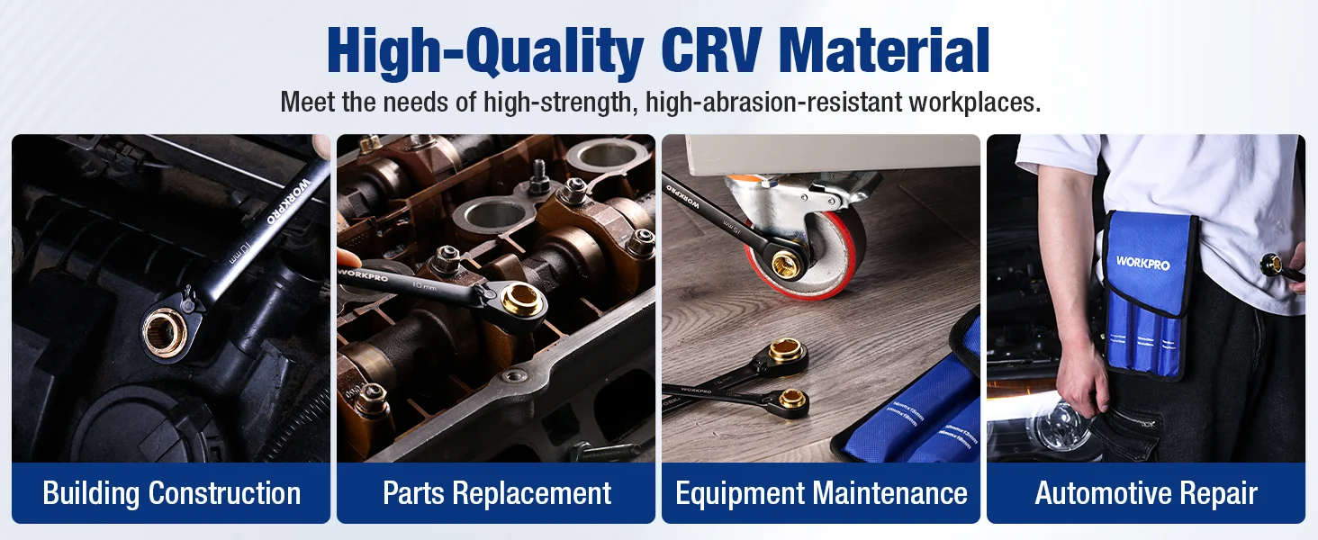 Tool parts and an automotive repair worker with a blue pouch, labeled High-Quality CRV Material and Building Construction