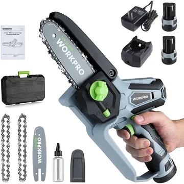 WORKPRO Mini Chainsaw, 6.3" Cordless Electric Compact Chain Saw with 2 Batteries, Replacement Guide Bar and Chain