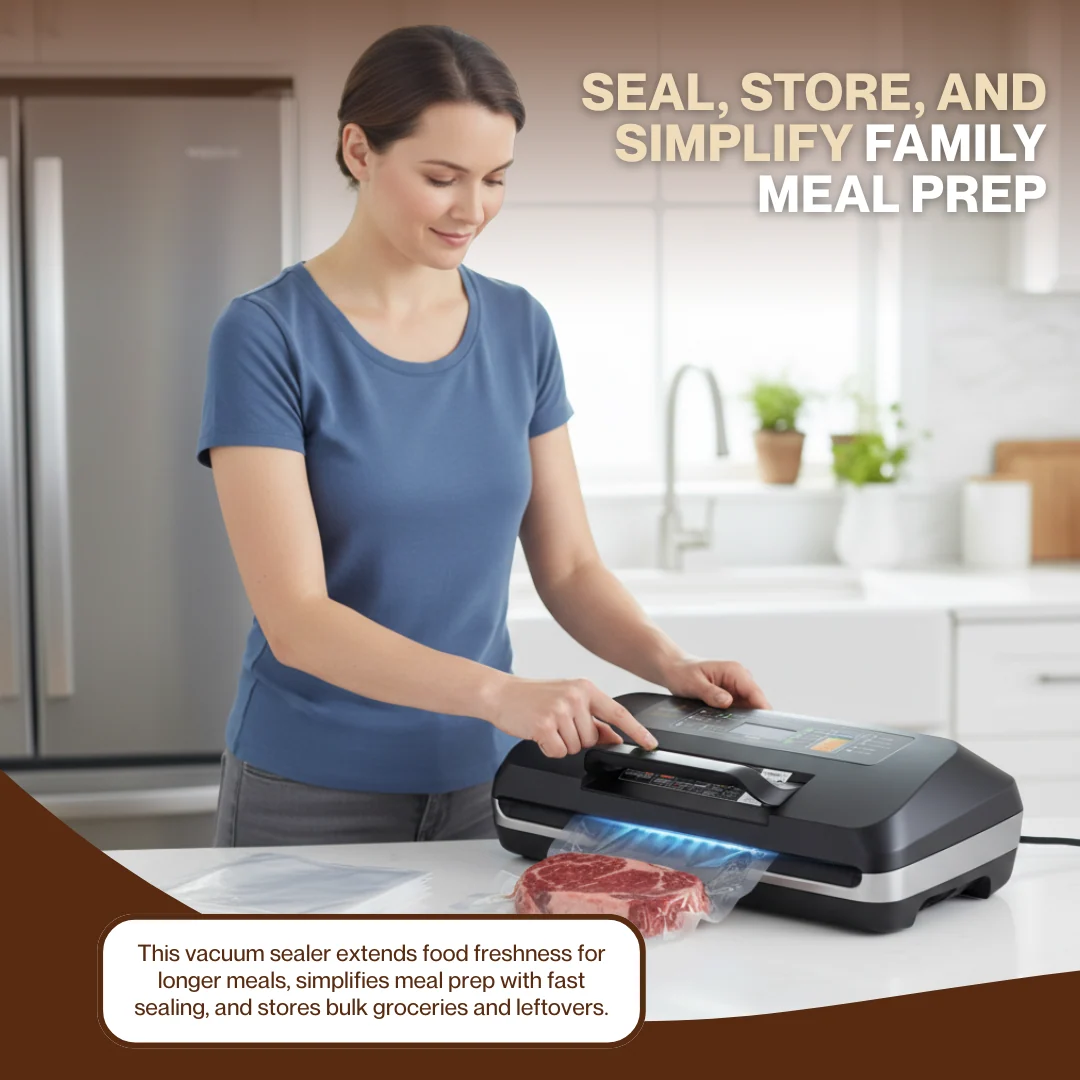 95kPa Vacuum Sealer Machine with Double Heat Seal & Built-in Cutter