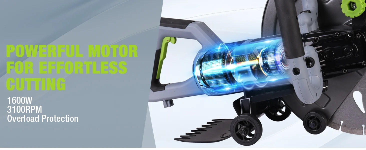 Power tool motor housing with glowing blue cutting mechanism, showing innovation and quality in a secure design