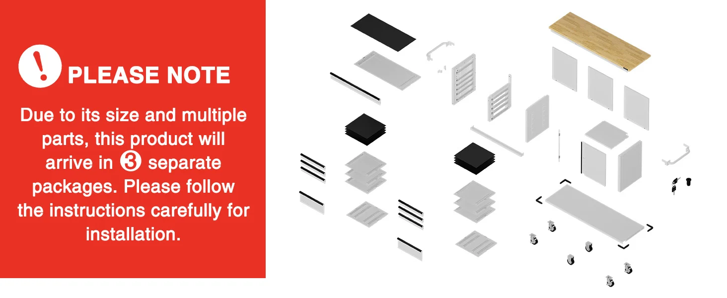 Instruction diagram for a multi part product, with labeled pieces and three separate packages shown for installation