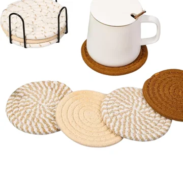 Set of 8 Absorbent Cotton Coasters with Holder in 4 Colors