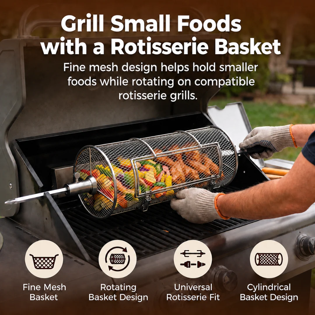 Universal Stainless Steel Rotisserie Grill Basket for Gas Grills
