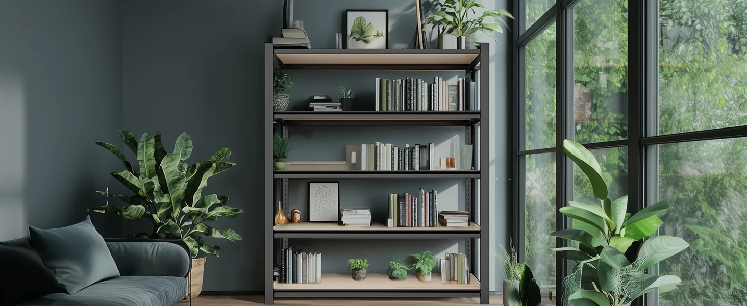 Living room with a metal bookshelf, indoor plants, and daylight through large windows showing innovation and quality