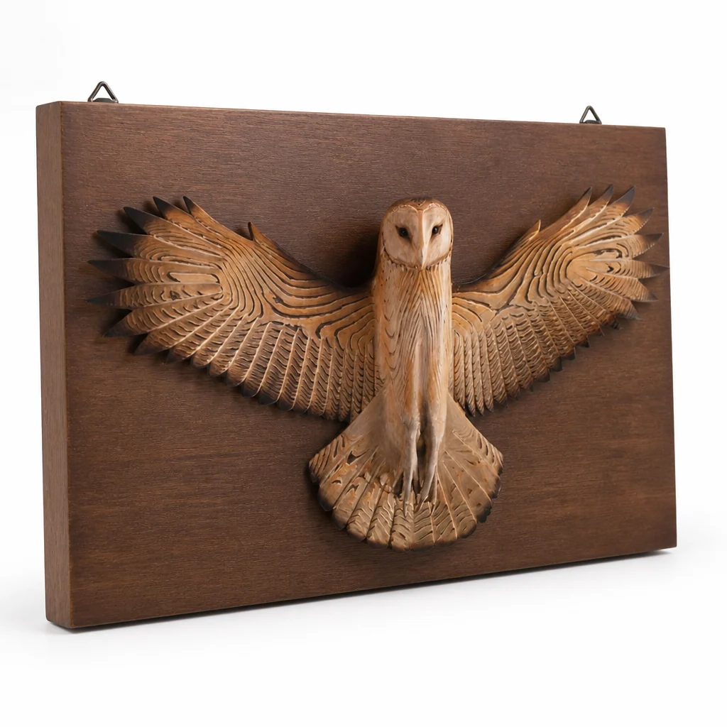 Handmade Carved Wood Owl Wall Sculpture