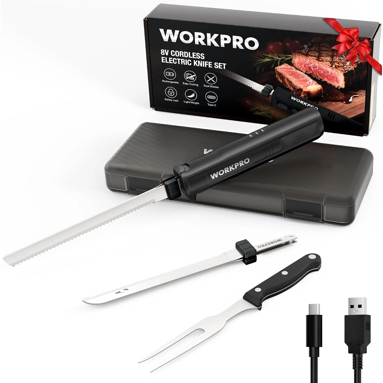 WORKPRO Electric Knife for Meat Slicing, Cordless Electric Carving Knife for Turkey, Fish & Bread, Two Stainless Steel Blades, Ergonomic Handle, Storage Case & Serving Fork Included, Black