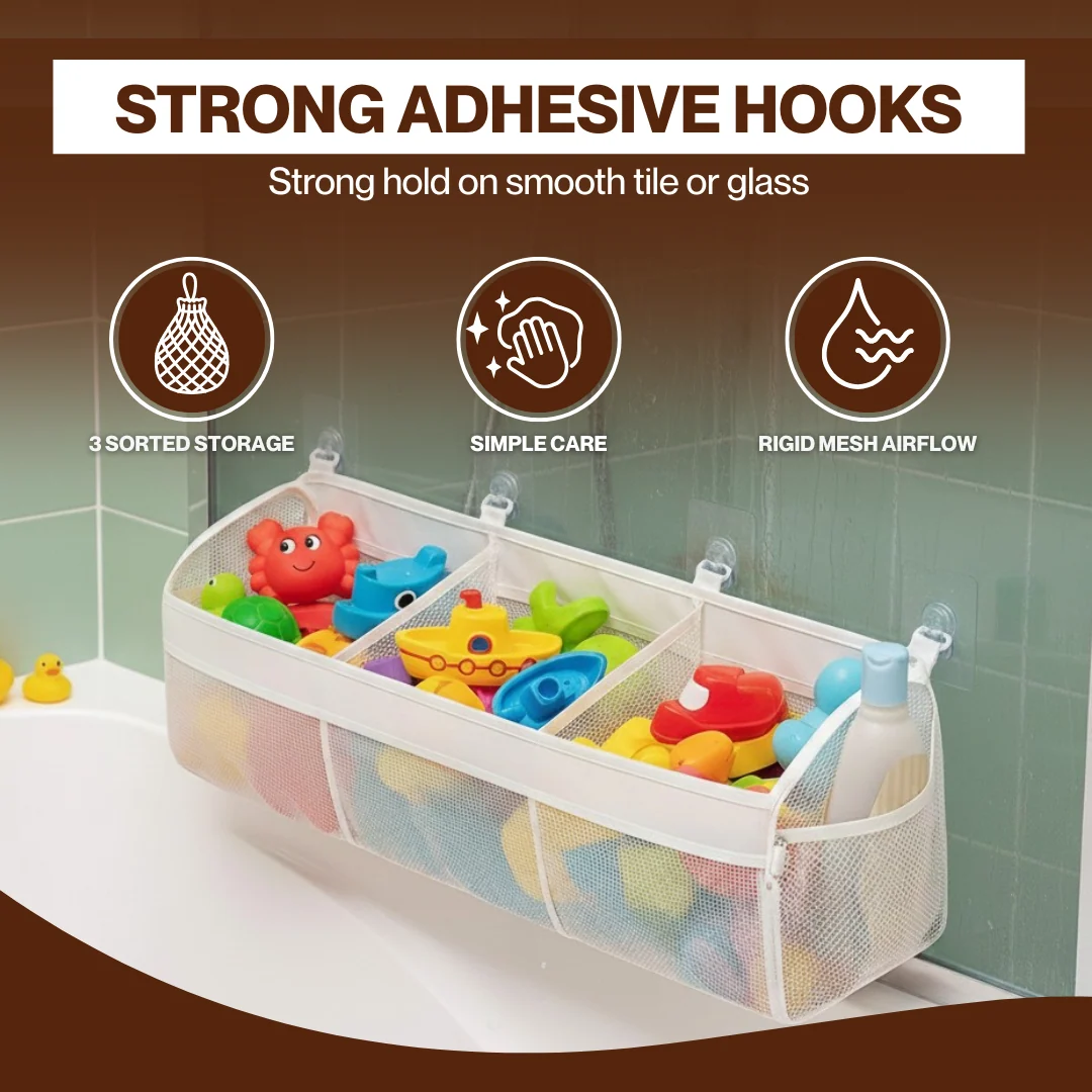 Horizontal Bath Toy Holder with 3 Compartments and Quick Dry Mesh