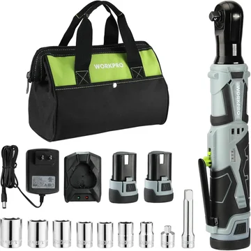 WORKPRO Cordless Electric Ratchet Wrench, 3/8" 12V 40 Ft-lbs Electric Ratchet Wrench 9 Pcs Set