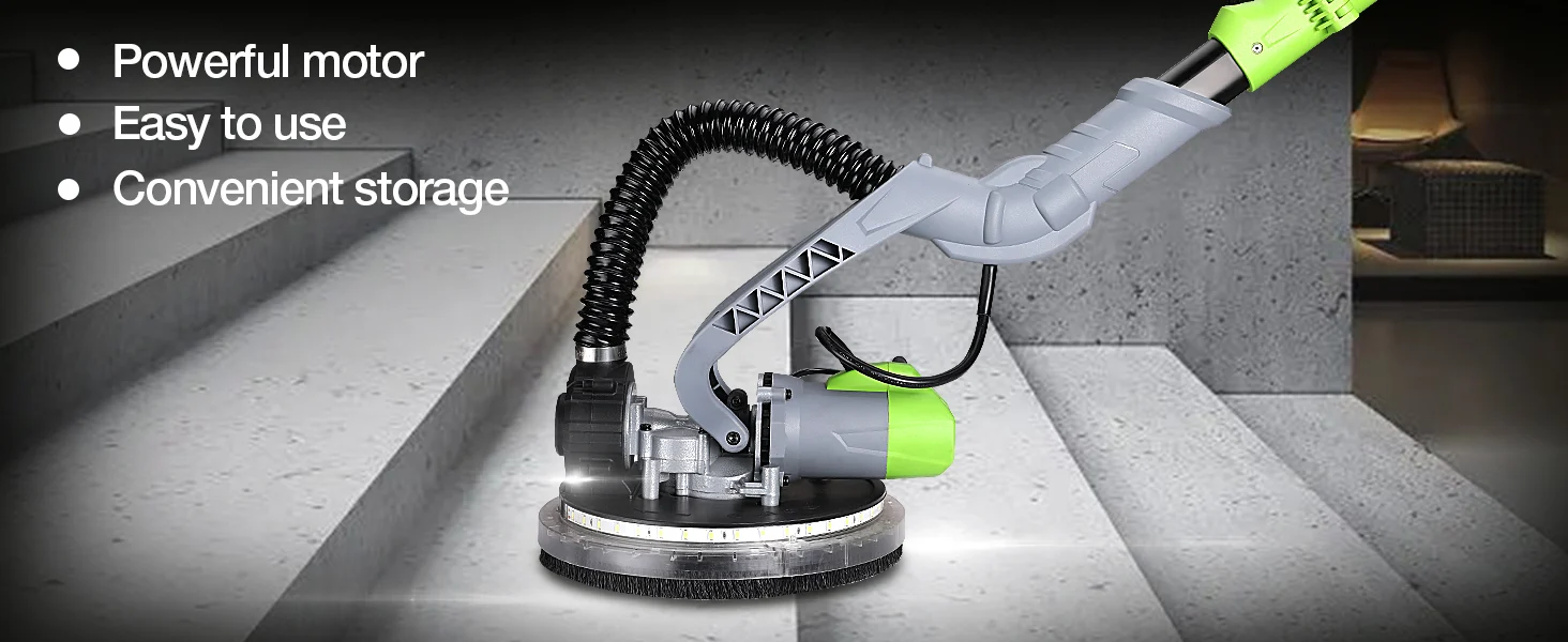 Floor cleaning tool with green and gray motor housing, innovation and convenient storage shown on concrete tiles