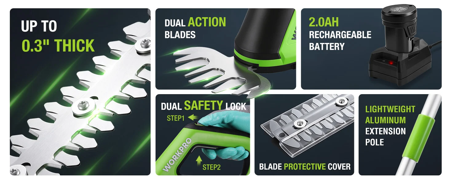 Cordless tool head collage showing innovation and quality features, including dual action blades and blade protective cover