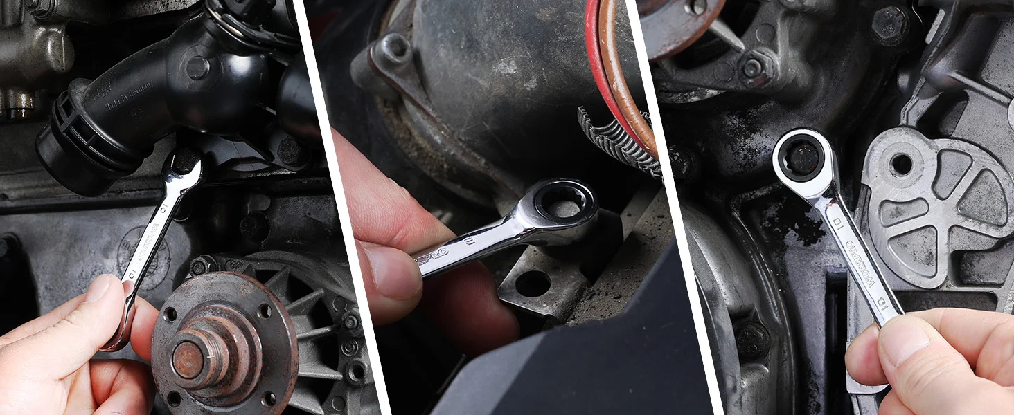 Mechanic uses wrenches and sockets on a car engine, showing precision work and innovation in quality repairs