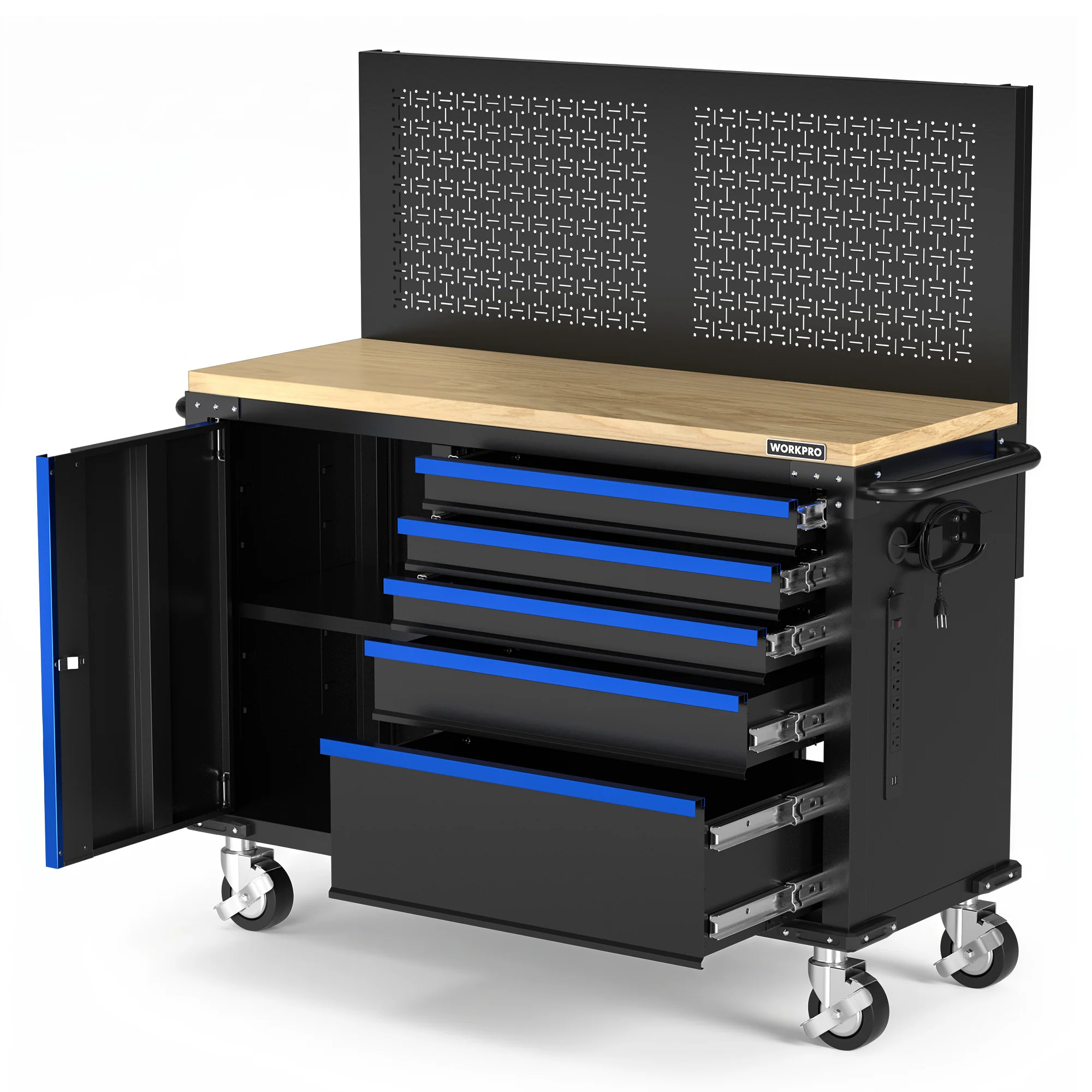 WORKPRO 52" x 20" Rolling Tool Chest with Pegboard, 5-Drawer & 1-Door - Image 2