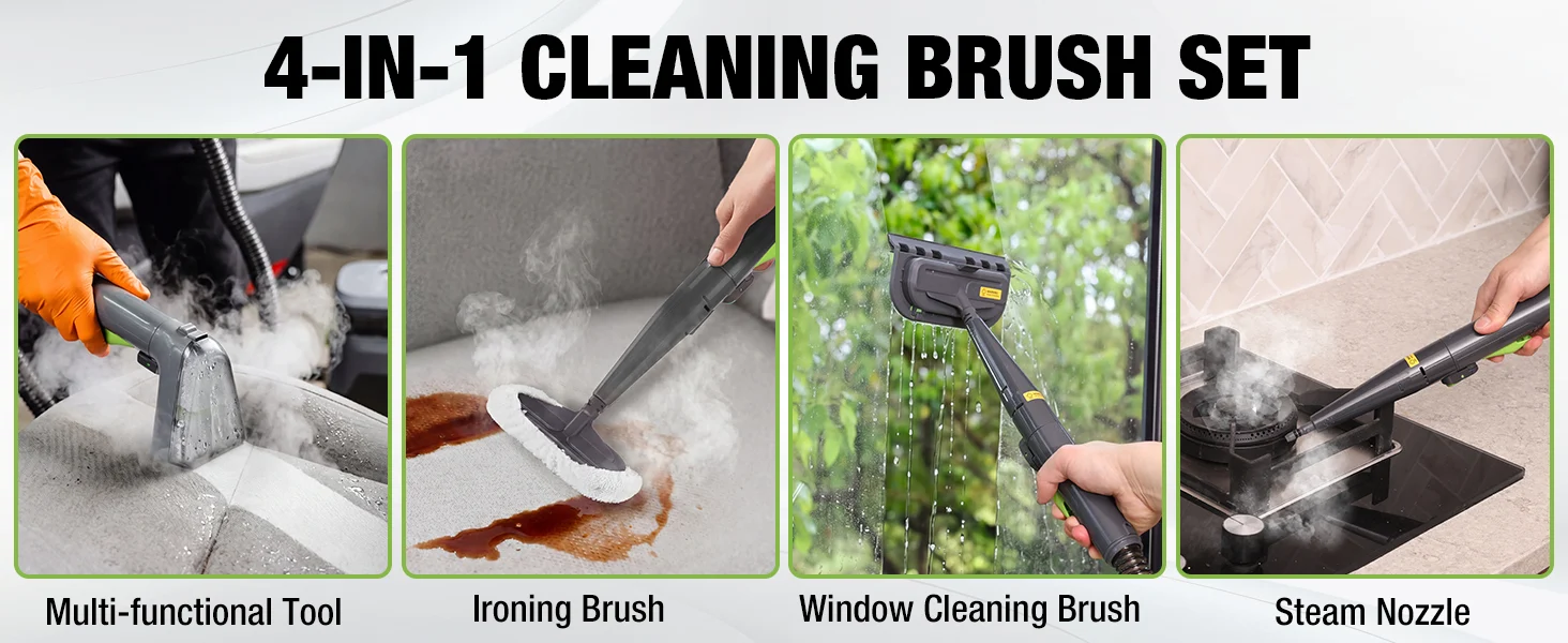 Cleaning brush set with steam nozzle, window and ironing brushes, showing innovation and quality in use