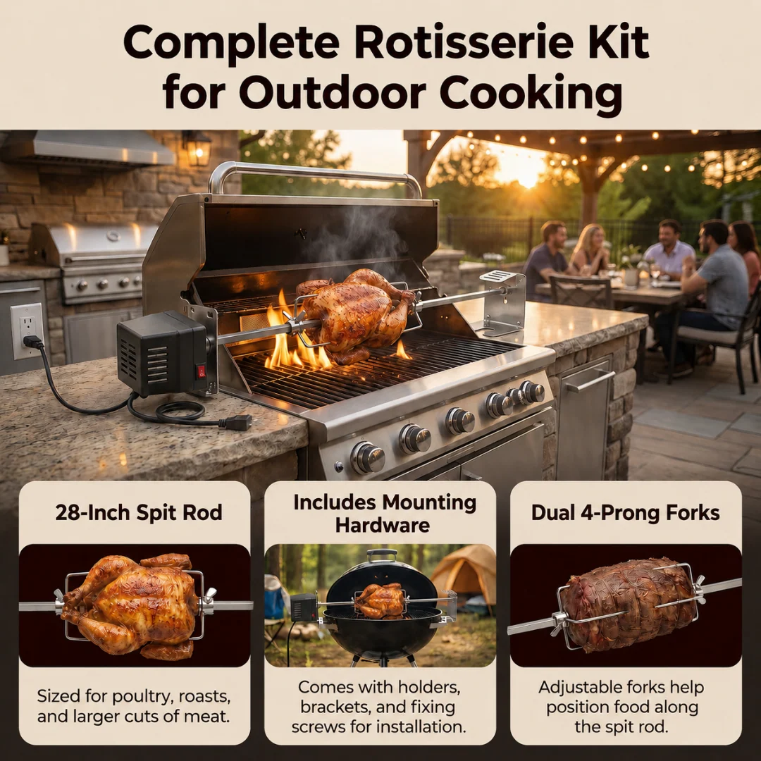 Universal Rotisserie Grill Kit with 28-Inch Spit Rod Motor Set
