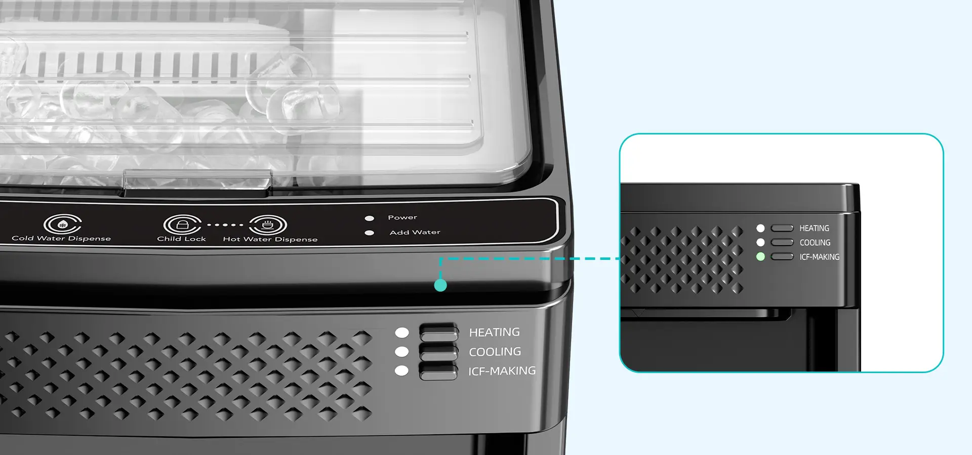 Water dispenser controls and indicator lights for operating status