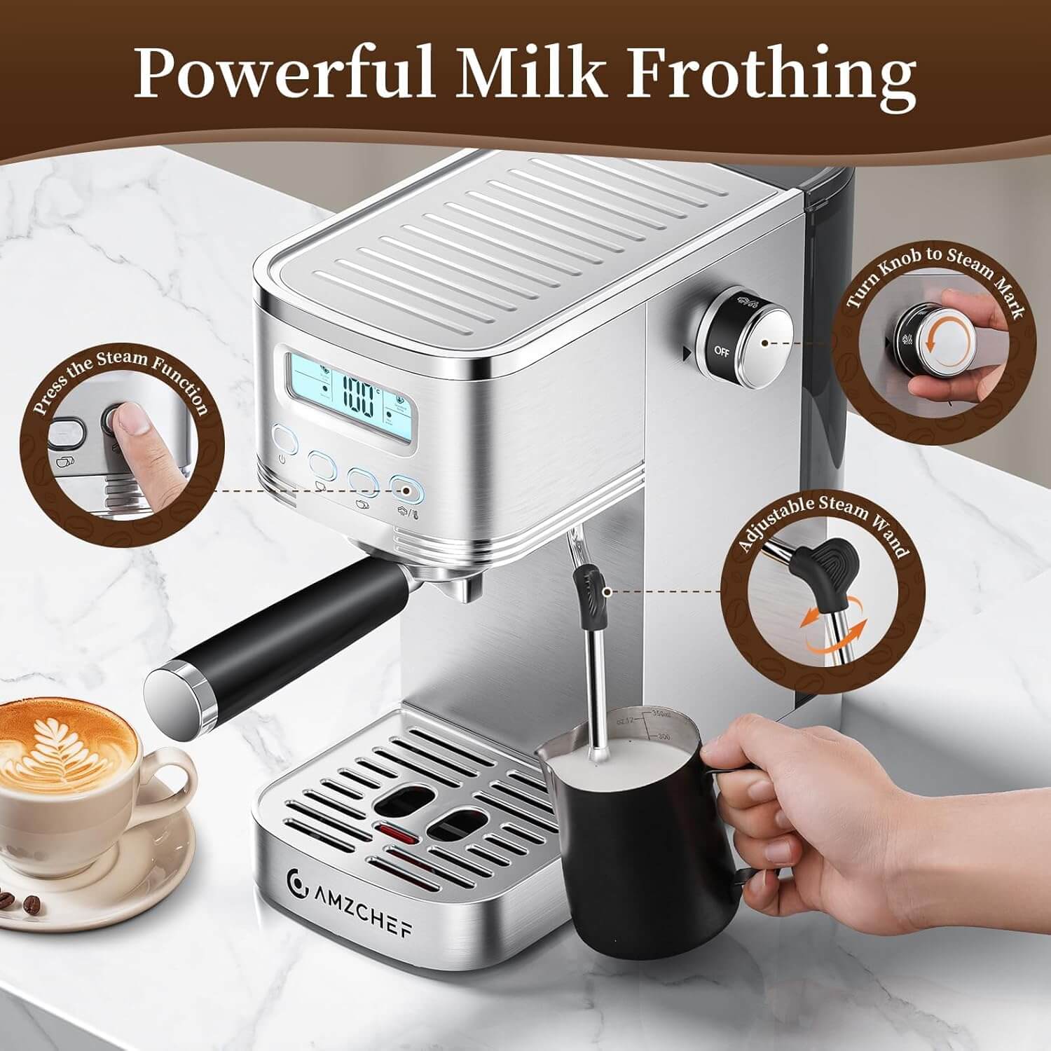AMZCHEF Compact Latte Machine with Visual LCD 20 Bar Coffee Machine 3
