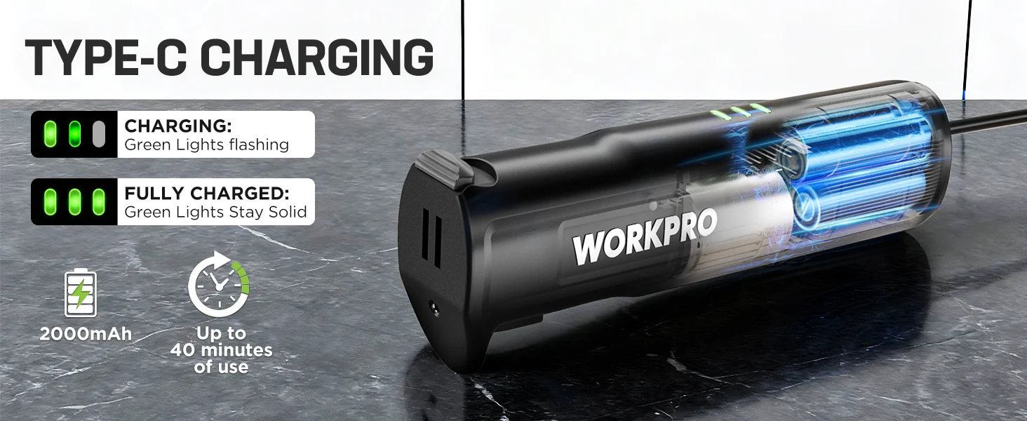 Type C charging power bank with blue internal coils, green status lights, and WORKPRO branding on a dark surface