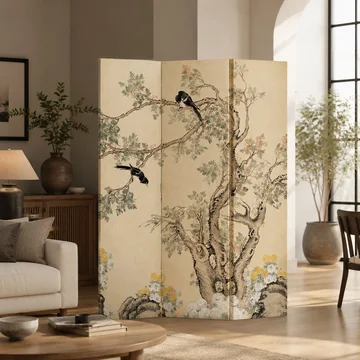 Elegant Folding Screen with Nature-Inspired Artwork