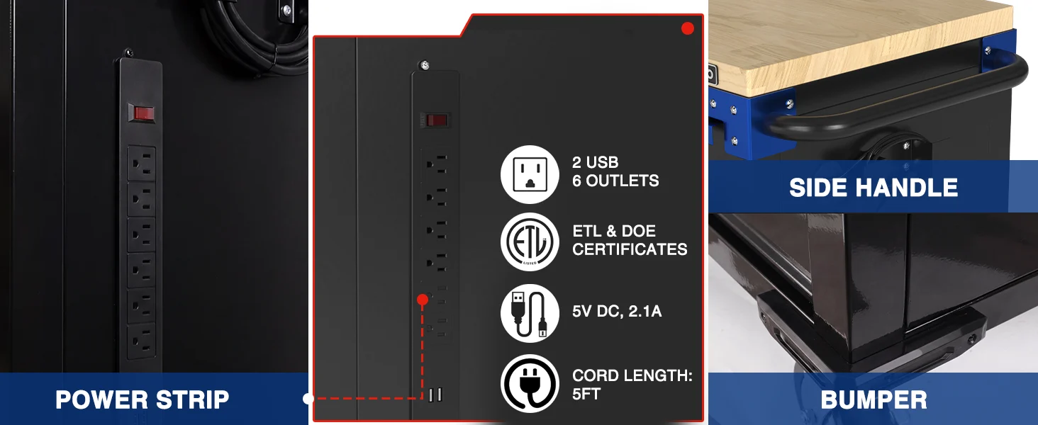 Power strip with innovation and quality features, showing 2 USB 6 outlets, ETL and DOE, and side handle