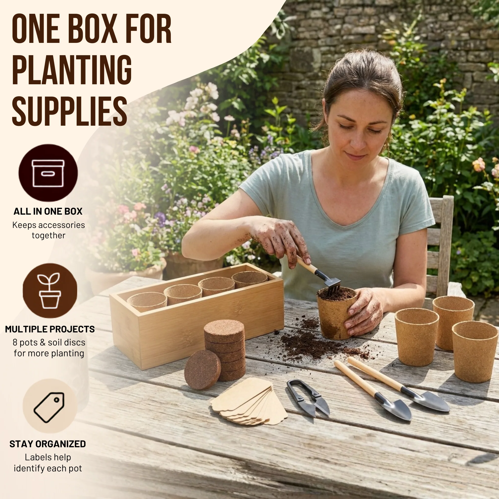 Bonsai Planting Starter Kit with Wooden Box and Garden Tools